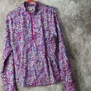 Tommy Bahama Purple Floral Half-Zip Hoodie Gold and Tennis. Thumb hole  Pocket
